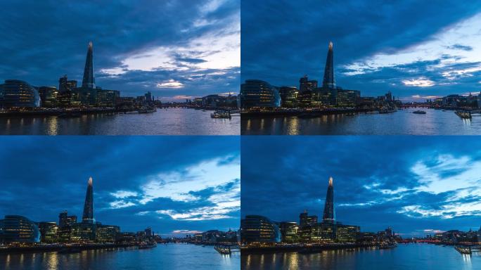 英国伦敦南华克市政厅和泰晤士河碎片的4k时间图像，时间流逝