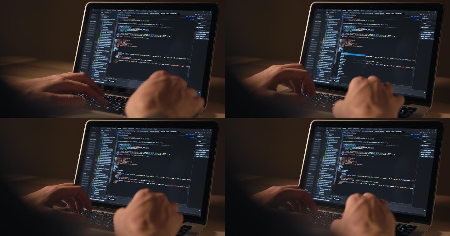 男人的手在笔记本电脑上编码特写。人类使用便携式电脑。程序员写代码