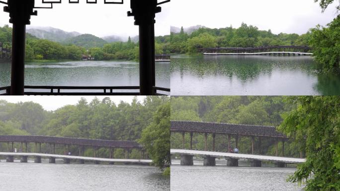 江南春天下雨杭州西湖浴鹄湾空镜