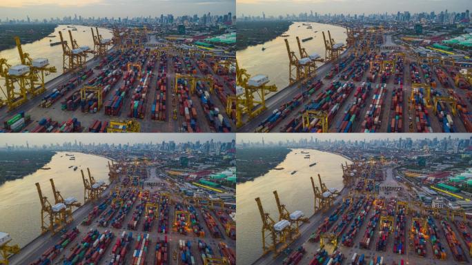 进出口业务物流中使用起重机装载集装箱的国际港口的Hyperlass或Dronelass鸟瞰图。
