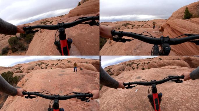 第一人称视角的山地自行车沙漠之路，在岩石上