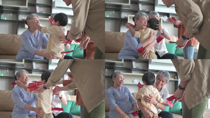 春节团圆夫妇带着孩子去爷爷奶奶家，给父母送红包红包
