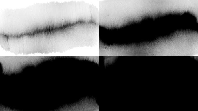 墨水喷溅抽象覆盖在屏幕上的粗犷和电影颗粒黑色油漆条纹罗夏效应
