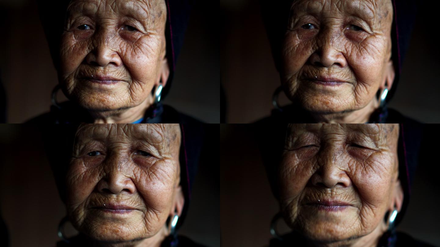 村里的中国老妇人满脸皱纹的老人