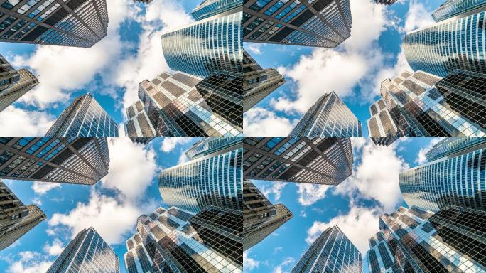 芝加哥市中心摩天大楼的4K时移仰角，高层建筑之间的云层反射，伊利诺伊州，美国，商业和透视概念