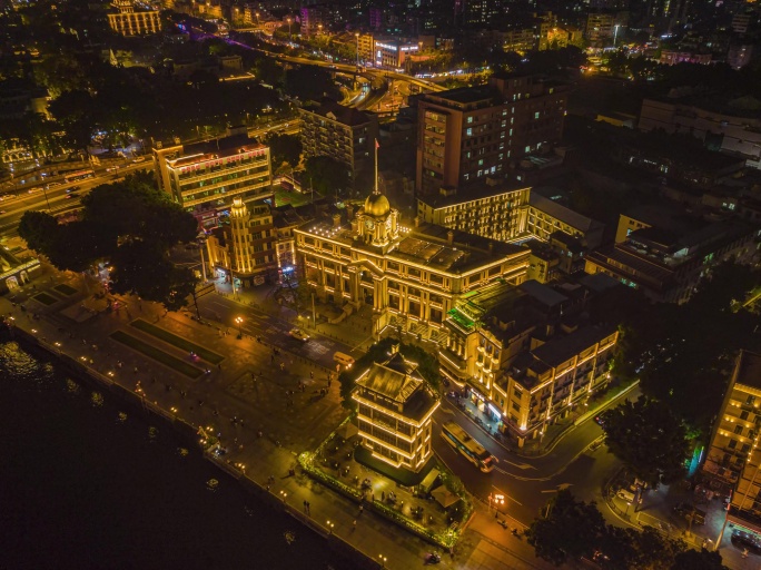 广州荔湾粤海关历史建筑夜景航拍延时5K