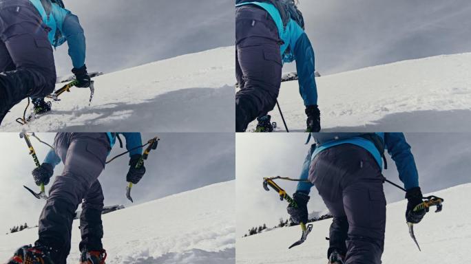 拿着冰斧爬雪山的登山者