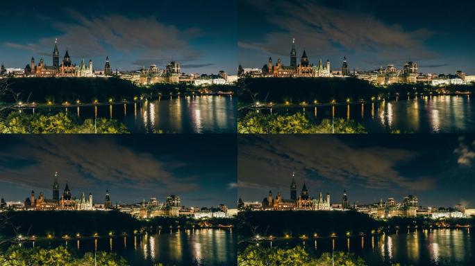 渥太华河上的加拿大议会燃放烟花