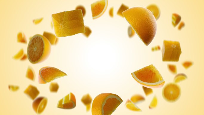 飞舞的橙色水果片以慢动作旋转，带有alpha通道
