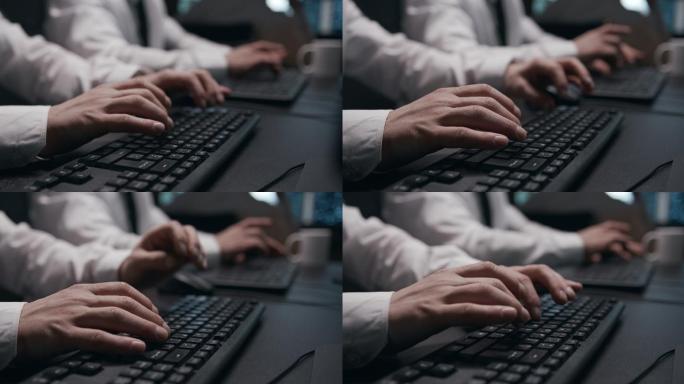 特写镜头：一名身穿办公制服、手持徽章的男子在电脑键盘上打字