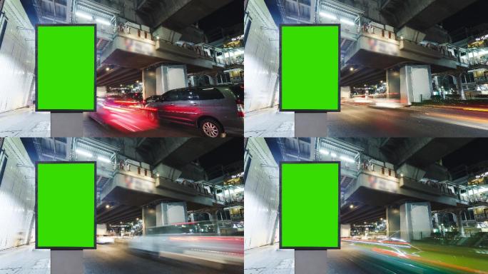 时间推移，交通长时间暴露在道路上，广告牌绿色屏幕用于城市街道标志的广告。
