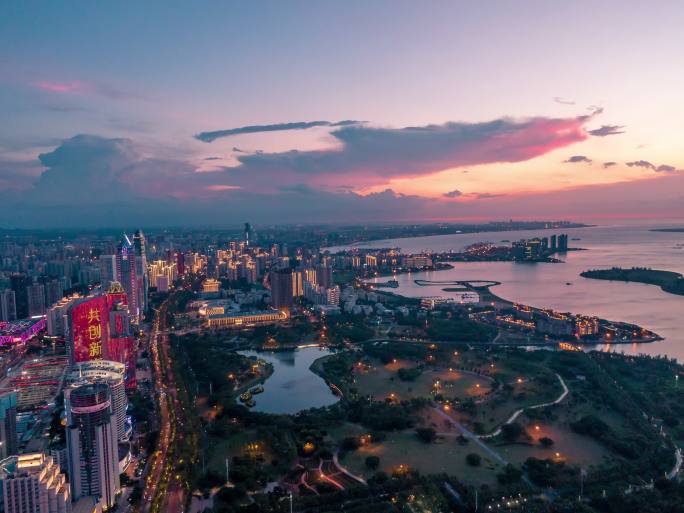 航拍延时海口入夜海南夜景