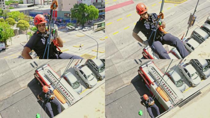 男急救员在消防局练习攀爬