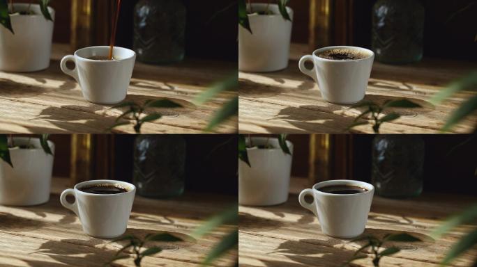 在一个忧郁的场景中，将黑咖啡倒进一个带有天然蒸汽和泡泡的杯子里