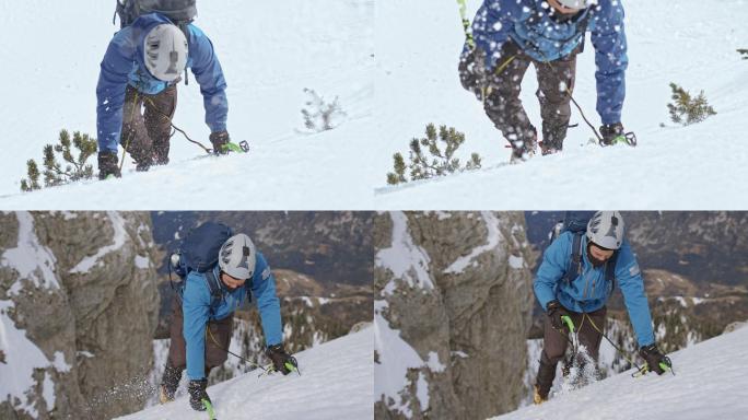 拿着冰斧爬雪山的登山者