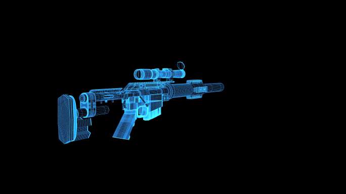 4K蓝色全息线框科技狙击步枪动画带通道