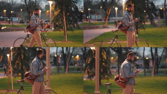 黄昏时分，现代年轻人一边用手机上网，一边推着他的复古自行车