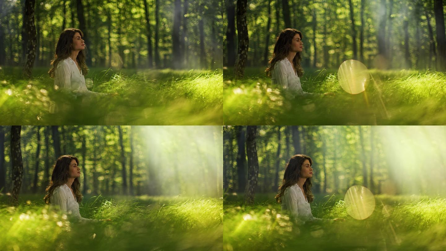 斯洛-莫年轻女子在雾绿色森林中冥想