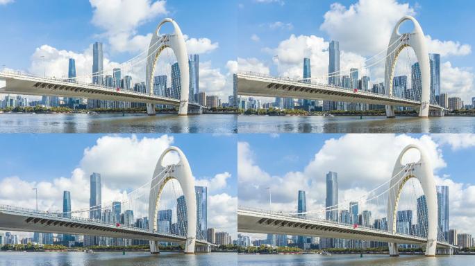 T/L远景：广州猎德大桥和珠江新城的天际线，云层移动。中国广东省广州市