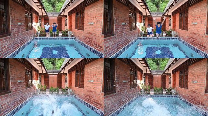sslow motion亚裔中国年轻兄弟姐妹周末在家享受游泳池的乐趣