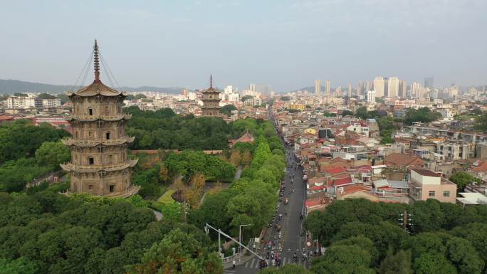 泉州东西塔航拍特写泉州开元寺风景名胜古迹