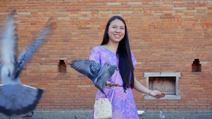 女游客在社交媒体上玩鸽子聊天