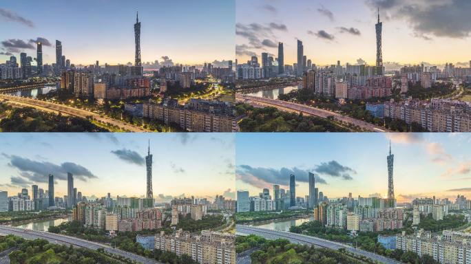 T/L从黎明到日出，俯瞰泛广州珠江新城和广州塔天际线。中国广东广州