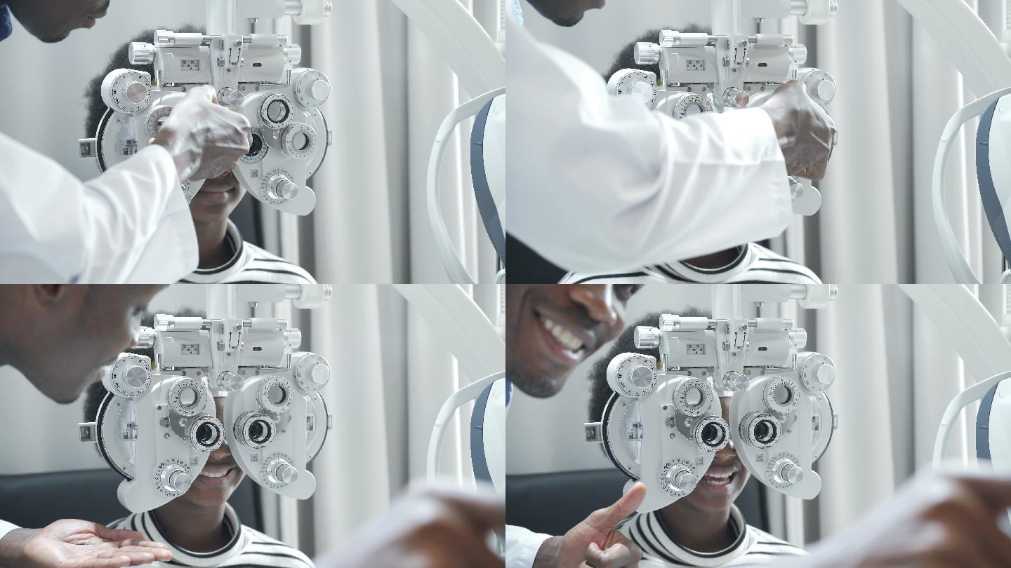 非洲男性眼科医生在眼科诊所检查非洲少女视力的特写镜头