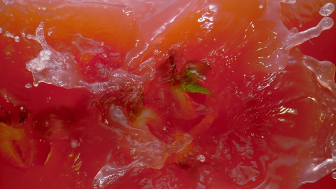 SLO MO LD将草莓切成红色果汁
