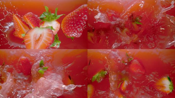 SLO MO LD将草莓切成红色果汁