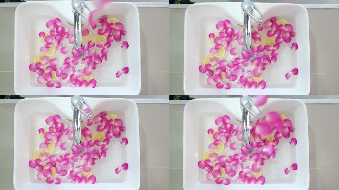 泰国热带花卉盆浴。女性脚底水疗产品。