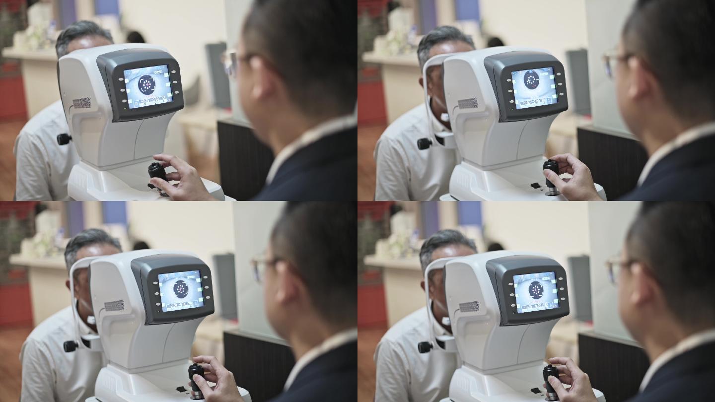 在眼科诊所接受眼科检查的亚裔中国老人