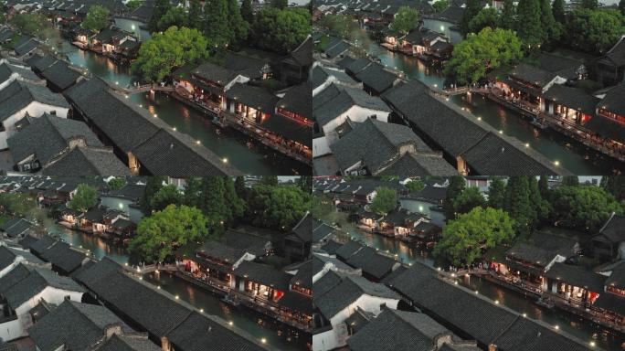 中国浙江乌镇水乡的无人机视图。