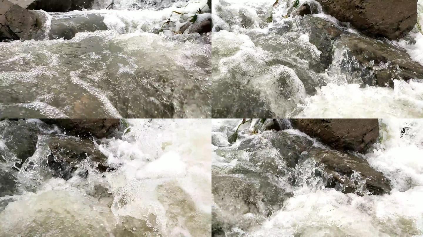 山涧溪水瀑布淌水急流水花飞溅瀑布直下