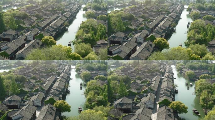 中国浙江乌镇水乡的无人机视图。