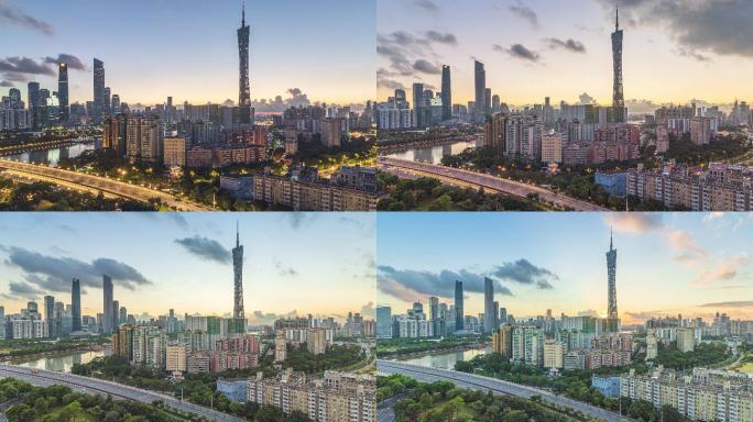 T/L HA WS ZO广州珠江新城和广州塔天际线从黎明到日出。中国广东广州