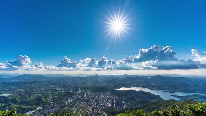 深圳香港城市蓝天白云太阳光影延时