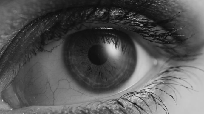 一只眼睛的特写镜头，包括化妆和瞳孔中的光线反射。黑白视频。