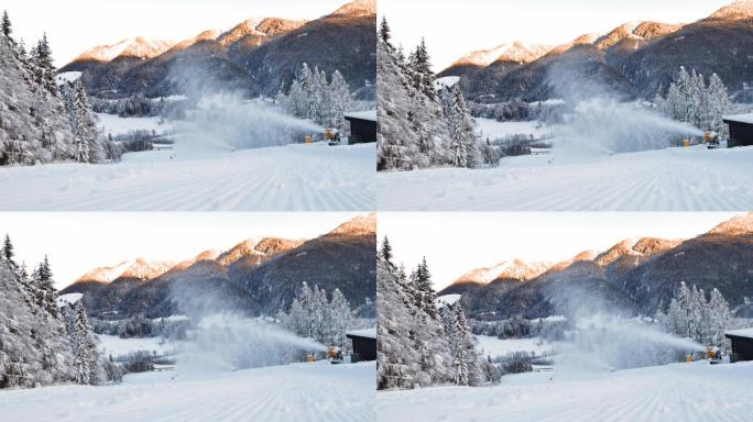 在滑雪场-雪地炮在滑雪坡上喷洒雪
