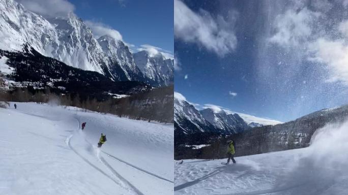 免费滑雪板下山，新鲜的粉末雪
