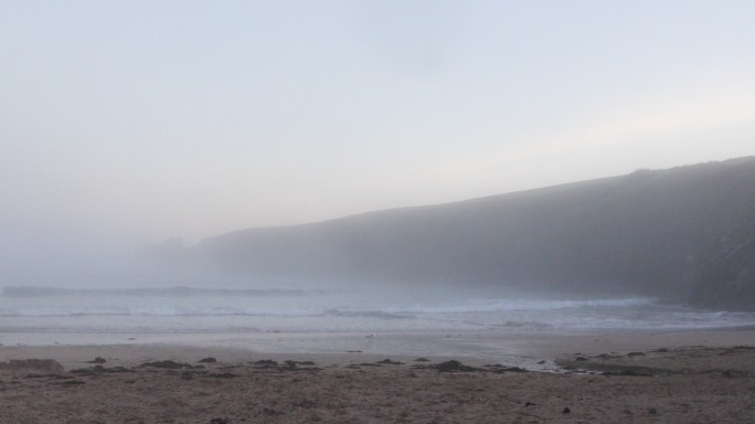 清晨的雾霭笼罩着海滩，眺望大海，海浪轻轻地翻滚