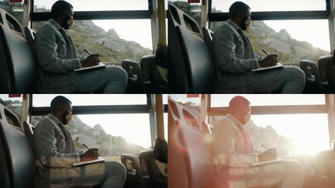 一名蒙面年轻男子在公交车上做笔记的4k视频片段