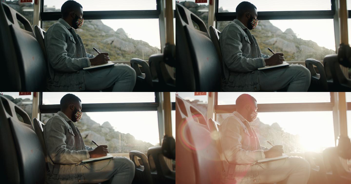 一名蒙面年轻男子在公交车上做笔记的4k视频片段