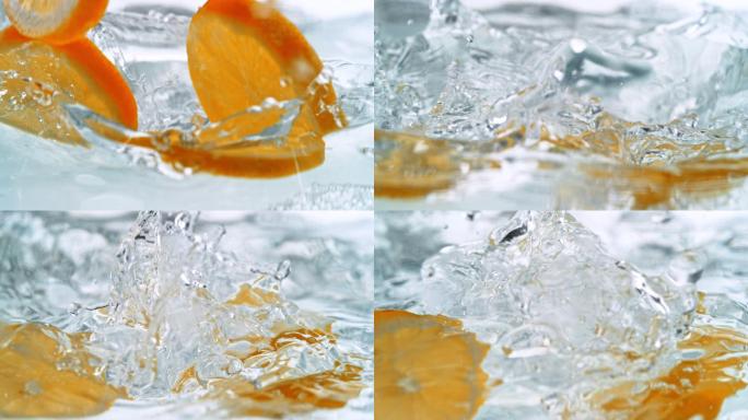 橘子片掉入水中流体水花矿泉水