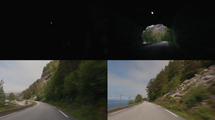 POV汽车驶过挪威峡湾：驶入隧道