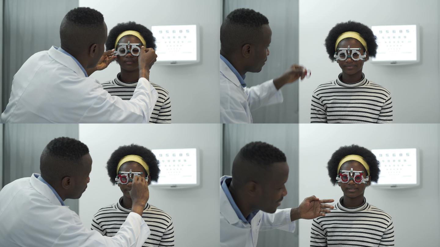 4K非洲黑人眼科医生用特殊光学眼镜仪器检查非洲少女的视力