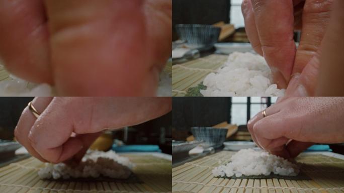 厨师在制作寿司卷手部米饭料理