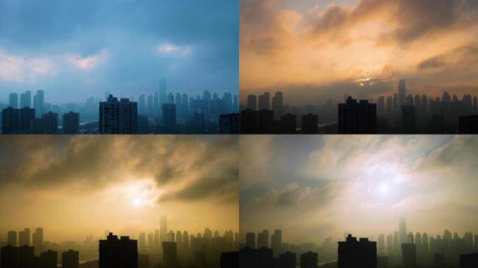 4K城市早晨日出云层漏光