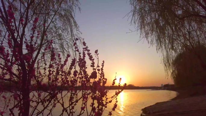 北京通州大运河漕运码头夕照夕阳红河边落日