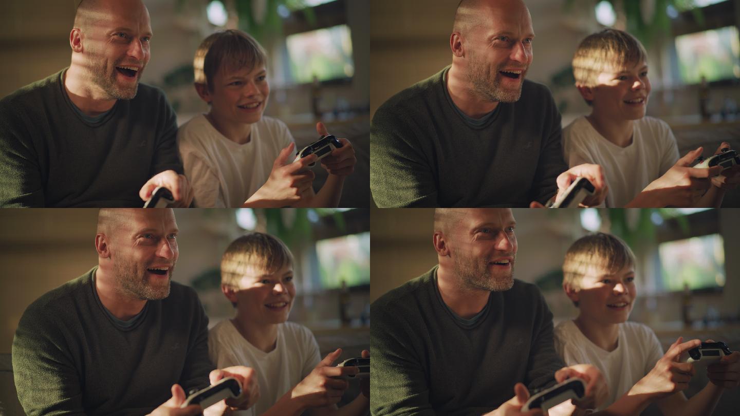 大流行期间的屏幕时间。爸爸和儿子玩电子游戏